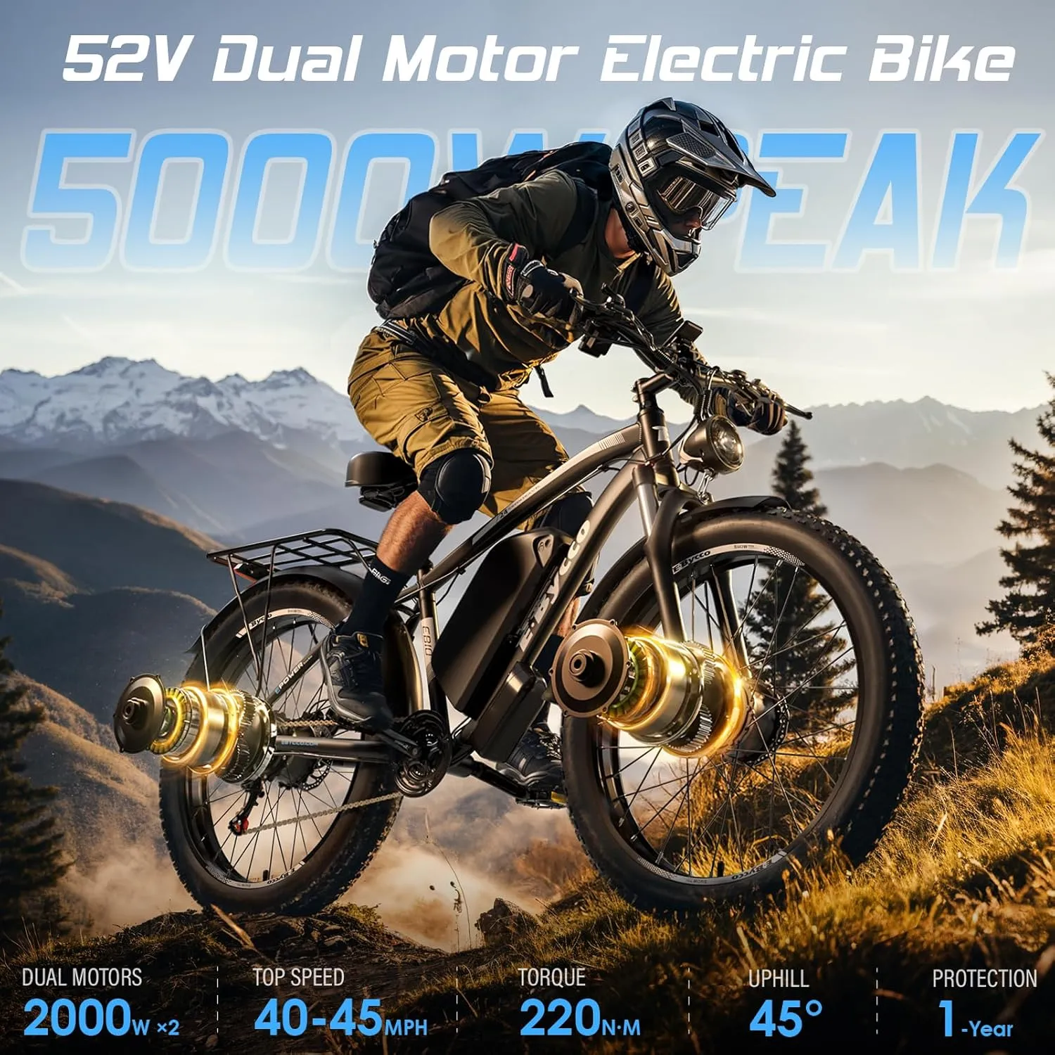 24Inch 5000W Peak Dual Motor Electric Bike for Adults, 52V 32Ah Battery, 40-45MPH&100Miles Long Range AWD E-Bicycles, 7-Speed Fat Tire Mountain E-Bikes, Hydraulic Disc Brake, Men Women Commuter Ebikes