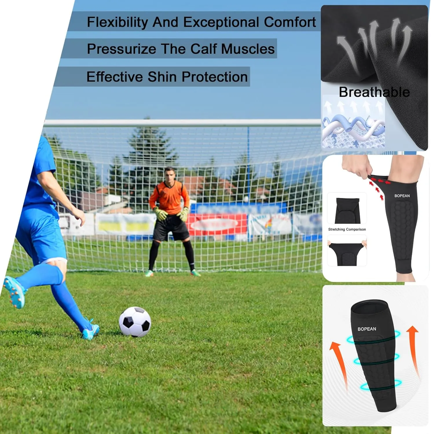 2PCS Soccer Shin Guards Pads for Kids Youth Adult, Calf Sleeve Compression with Honeycomb Pads Support for Football Baseball Taekwondo Boxing MTB Protective Gear