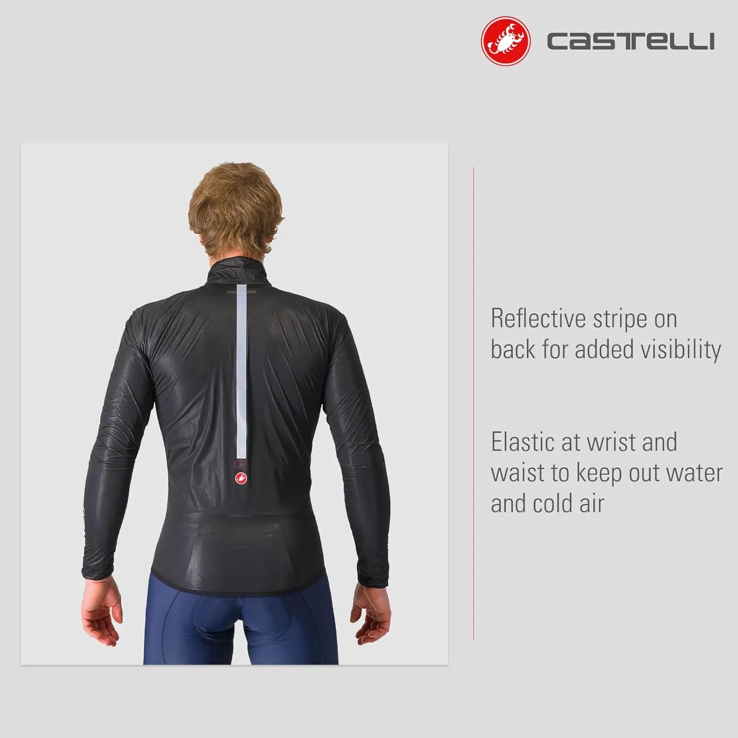 CASTELLI Mens Squall Shell Jacket, Full Waterproof, Windproof Lightweight Reflective Jacket for Road Cycling & Gravel Biking