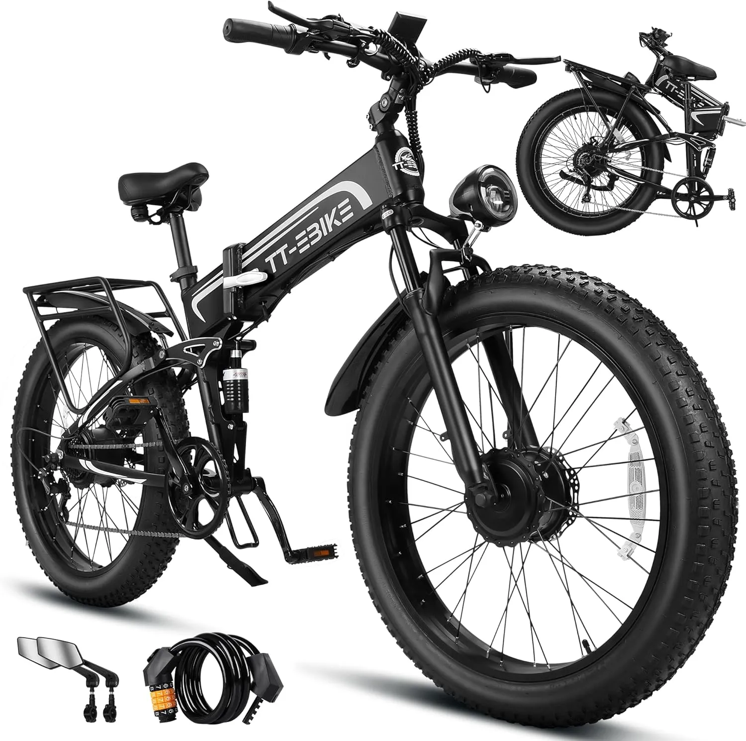 Dual:5000/4350W, Electric Bike Adults 42/40MPH with 60/52V 30/28AH Battery, 26 inch Fat Tire Mountain E Bike, Full Suspension Folding Ebike, Shim 7-Speed Gear