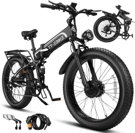 Dual:5000/4350W, Electric Bike Adults 42/40MPH with 60/52V 30/28AH Battery, 26 inch Fat Tire Mountain E Bike, Full Suspension Folding Ebike, Shim 7-Speed Gear