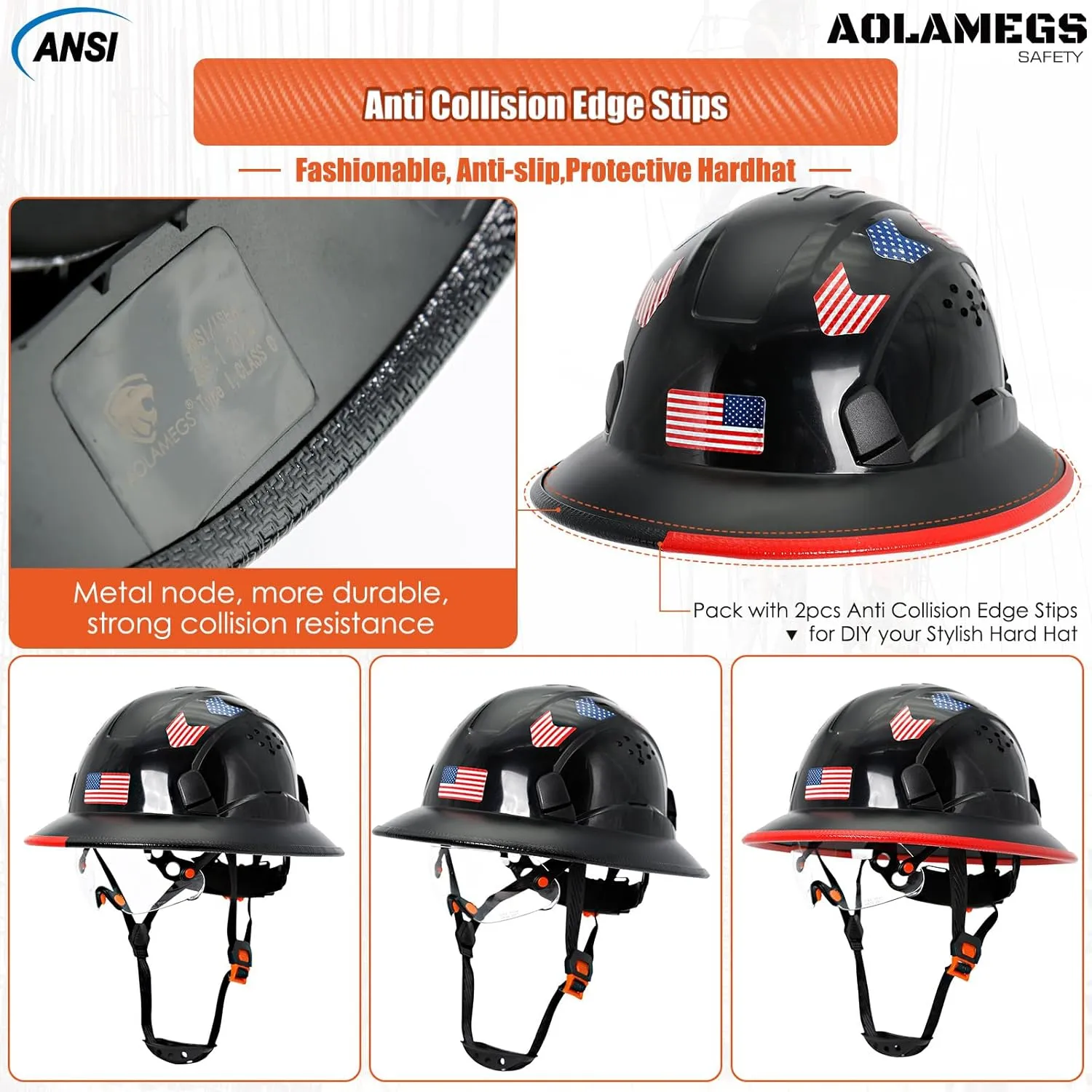 Full Brim Hard Hats Construction OSHA Approved with Clear Visor - Cascos De Construccion Vented Hard Hat with Chin Strap ANSI Z89.1 Adjustable Cool Vent Work Safety Helmet for Men Women