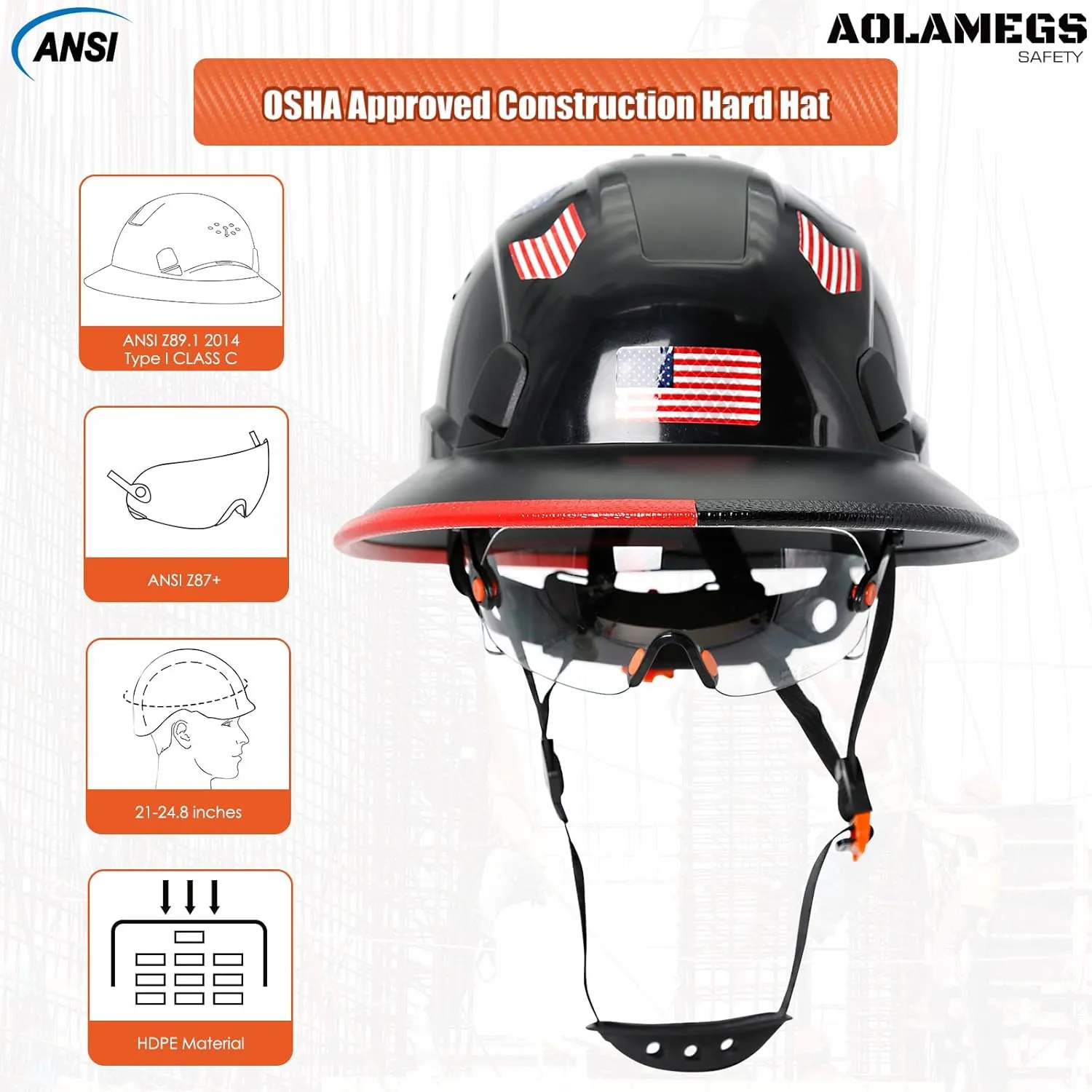 Full Brim Hard Hats Construction OSHA Approved with Clear Visor - Cascos De Construccion Vented Hard Hat with Chin Strap ANSI Z89.1 Adjustable Cool Vent Work Safety Helmet for Men Women