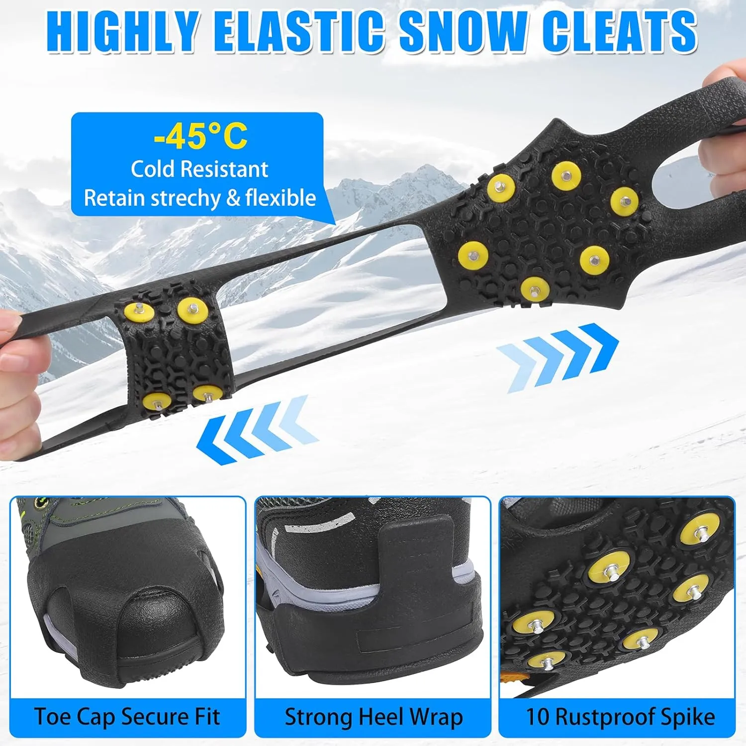 Ice Cleats for Shoes and Boots Men Women Winter Walking Ice Snow Cleats Anti Slip Crampons 10 Steel Studs Overshoe Slip-on Stretch Rubber Footwear