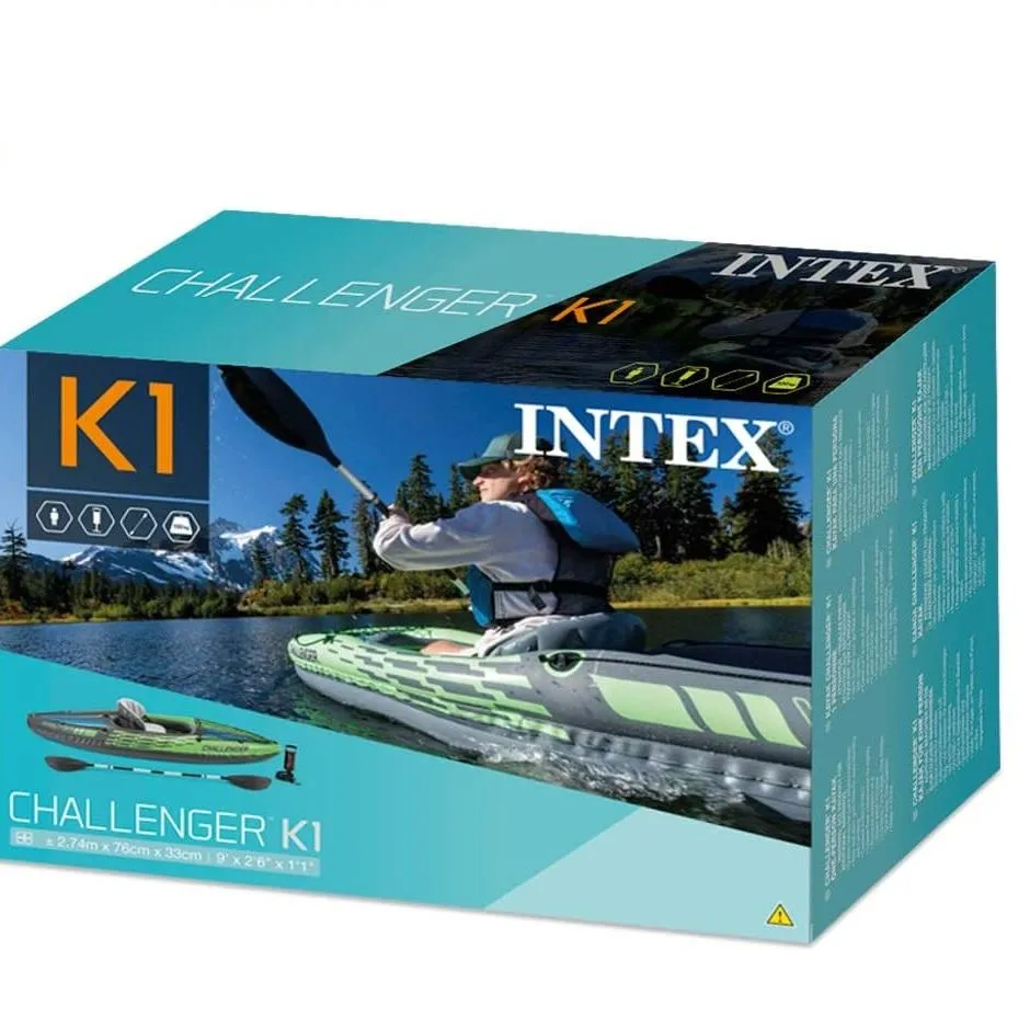 Intex Sports Challenger K1 Inflatable Kayak 1 Seat Floating Boat with Oars for River, Lake - 68305NP