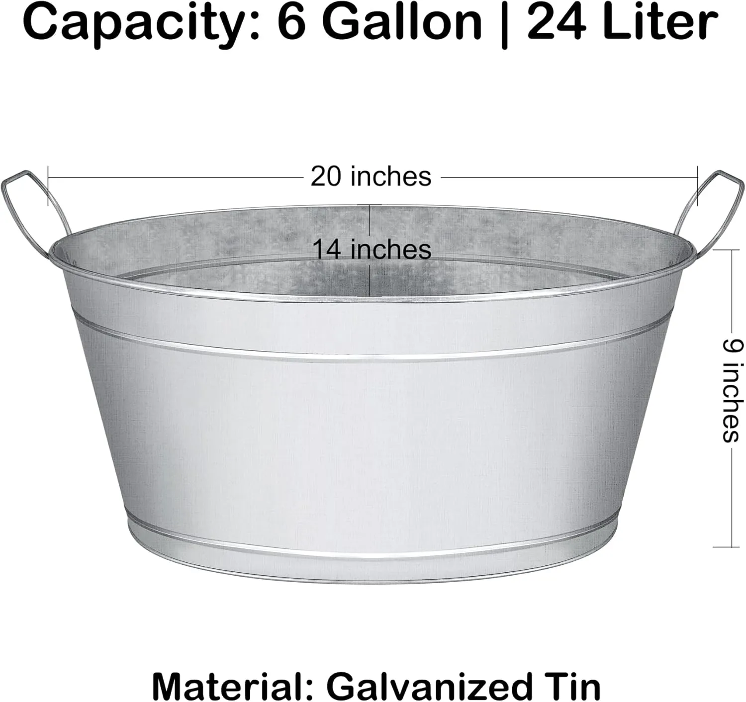 Large 6-Gallon Galvanized Tin Beverage Tub, 20x14x10 inches (Pack of 6)