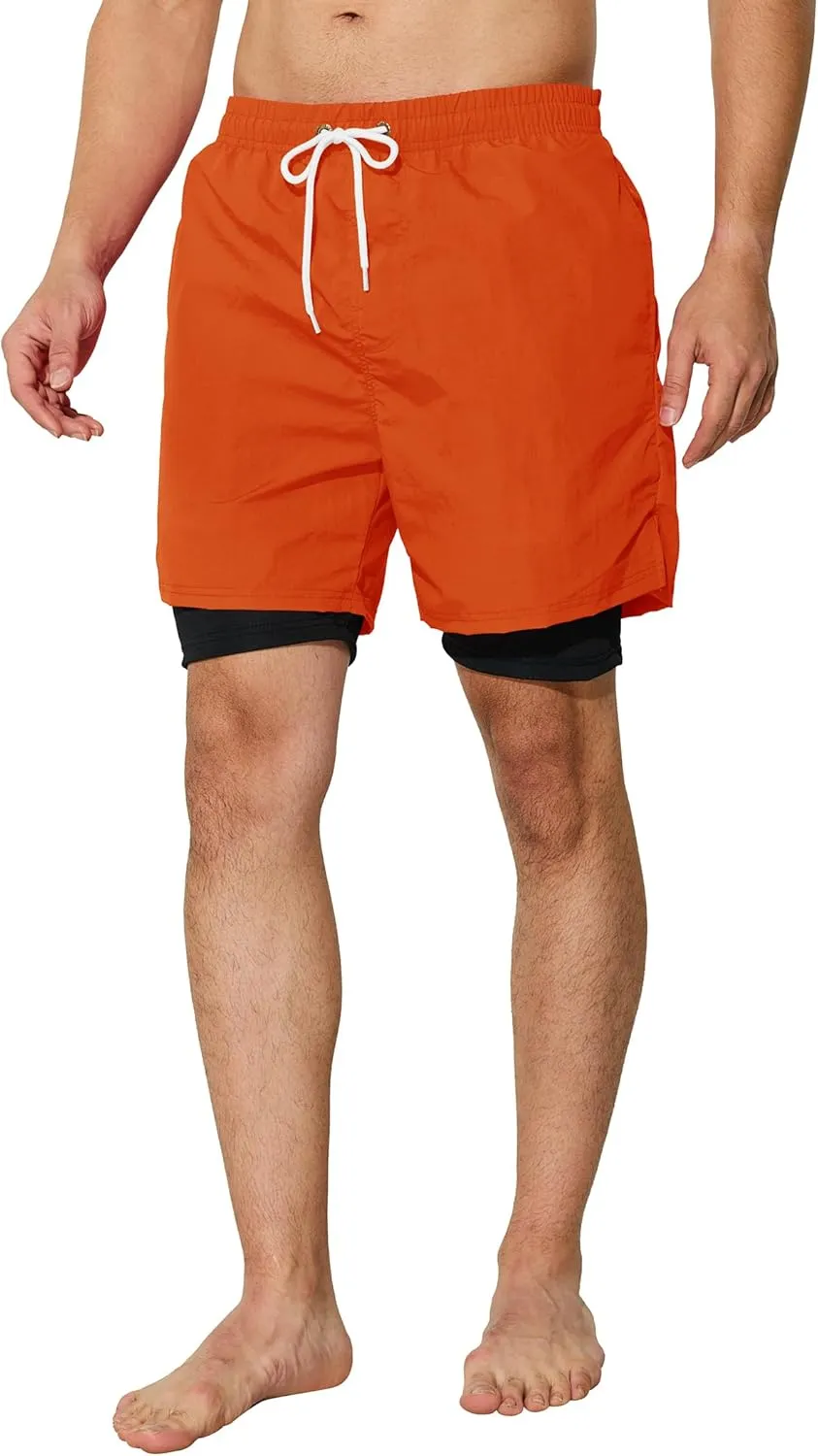 Mens Swim Trunks with Compression Liner 5 inch Inseam Quick Dry Bathing Suit 2 in 1 Board Shorts