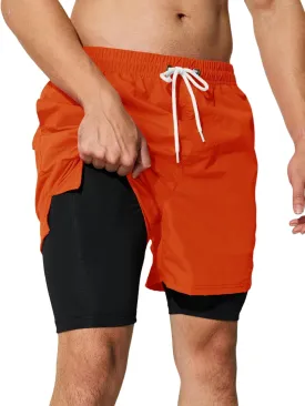 Mens Swim Trunks with Compression Liner 5 inch Inseam Quick Dry Bathing Suit 2 in 1 Board Shorts