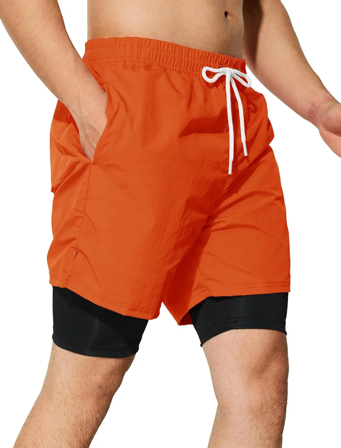 Mens Swim Trunks with Compression Liner 5 inch Inseam Quick Dry Bathing Suit 2 in 1 Board Shorts