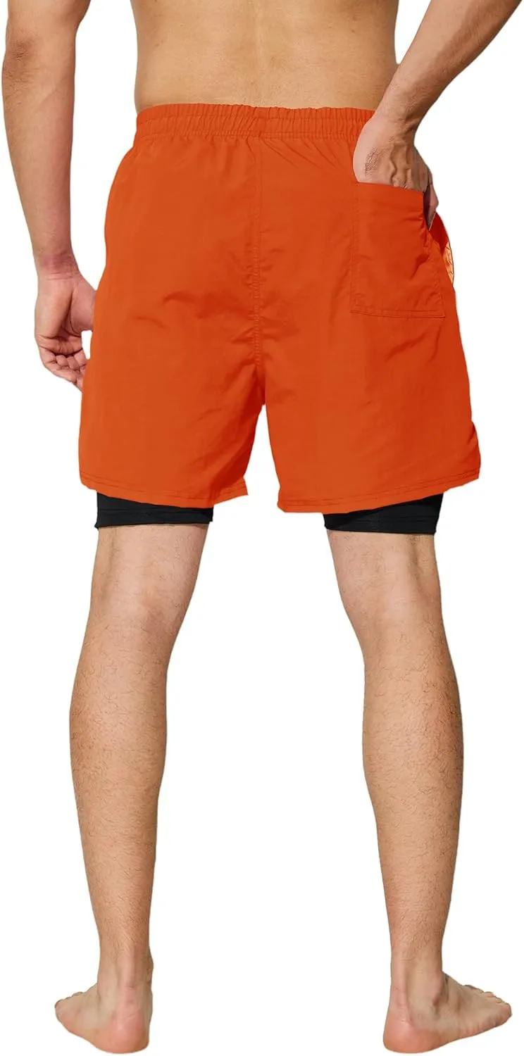 Mens Swim Trunks with Compression Liner 5 inch Inseam Quick Dry Bathing Suit 2 in 1 Board Shorts