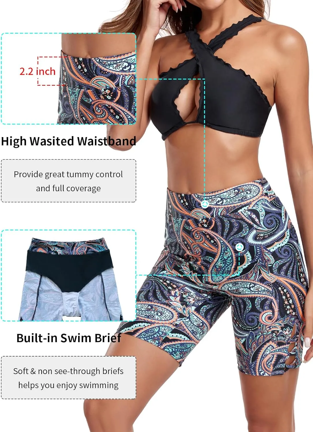 Ocean Blues Women's 8" High Waisted Swim Shorts with Pockets Tummy Control Board Shorts UPF 50  Beach Shorts