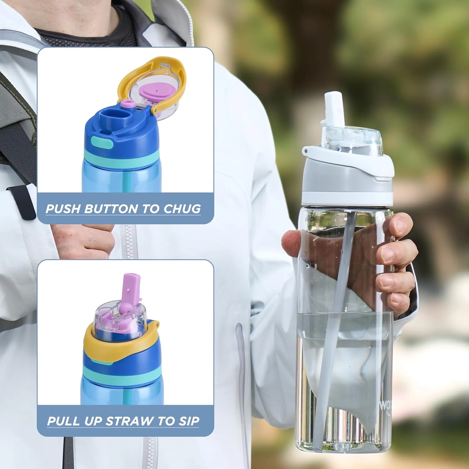 Plastic Water Bottle 32 oz BPA Free Leak Proof, Reusable Sports Water Bottle with Straw and Chug Lid for Gym Hiking, Light Purple