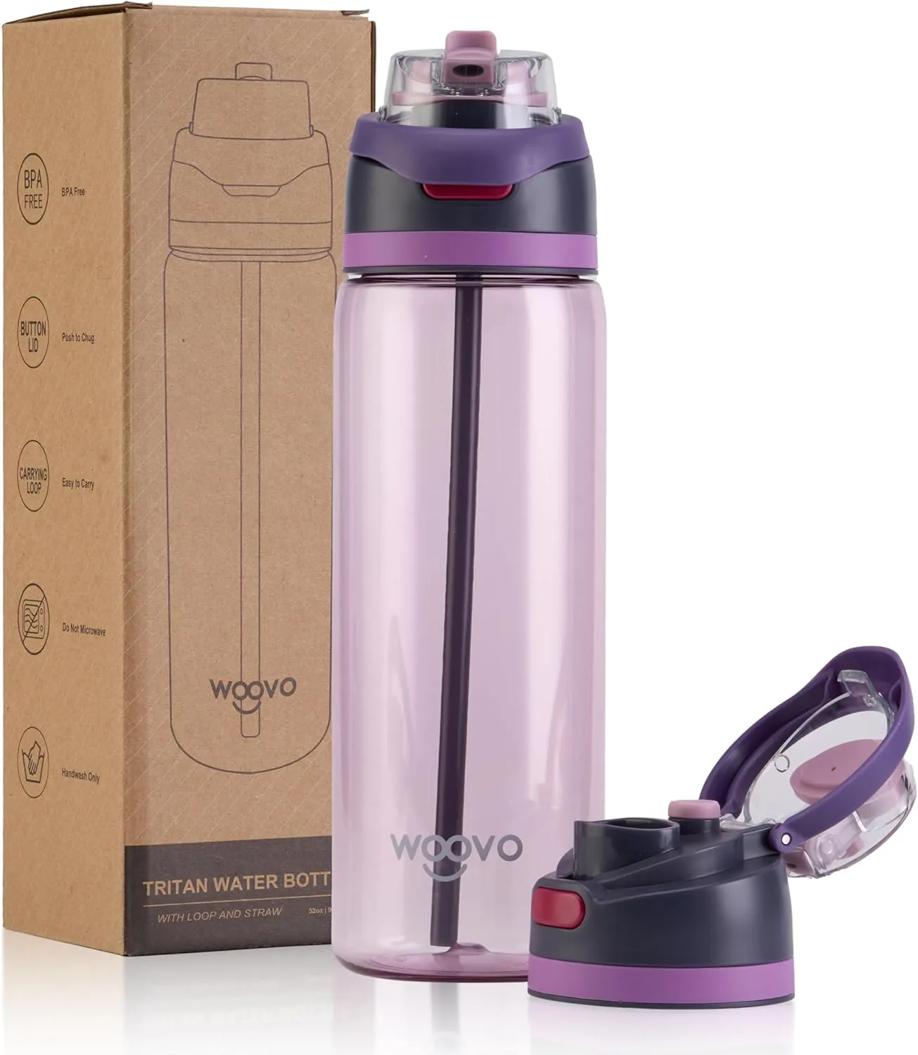 Plastic Water Bottle 32 oz BPA Free Leak Proof, Reusable Sports Water Bottle with Straw and Chug Lid for Gym Hiking, Light Purple