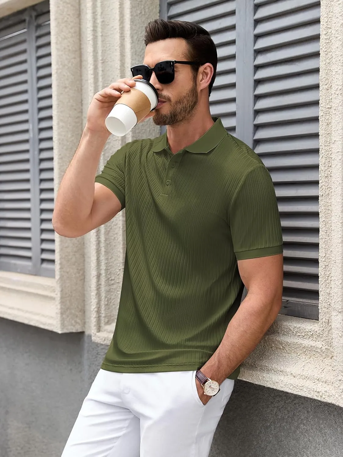 Polo Shirts for Men Short Sleeve Summer Casual Golf Shirts Collared Textured Slim Fit Button Men's Polo T Shirts