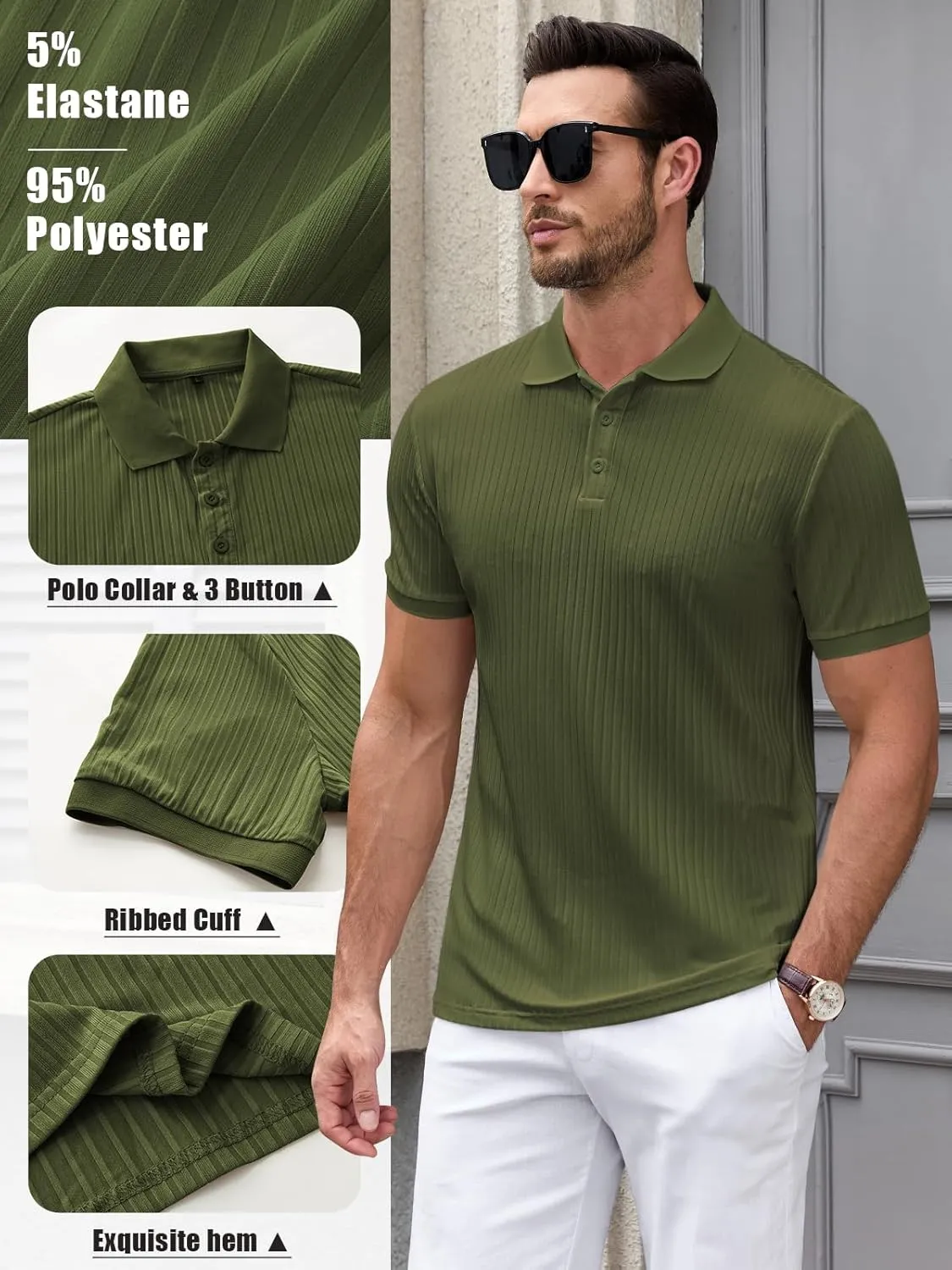 Polo Shirts for Men Short Sleeve Summer Casual Golf Shirts Collared Textured Slim Fit Button Men's Polo T Shirts