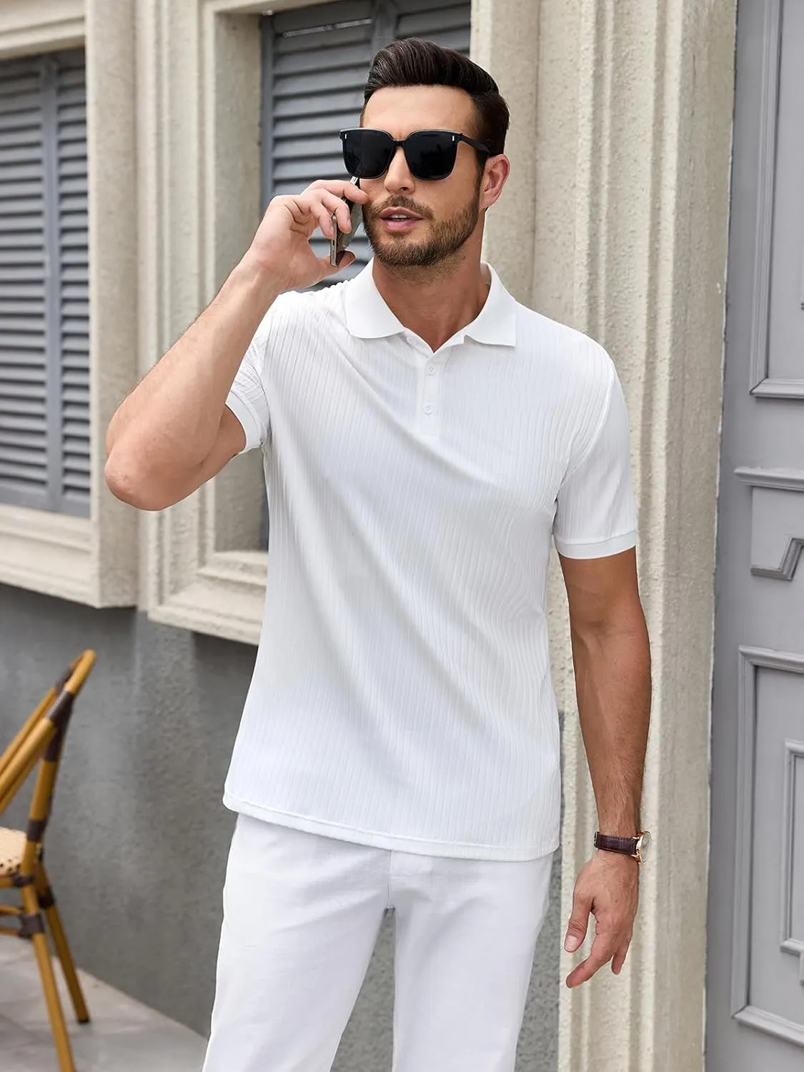 Polo Shirts for Men Short Sleeve Summer Casual Golf Shirts Collared Textured Slim Fit Button Men's Polo T Shirts