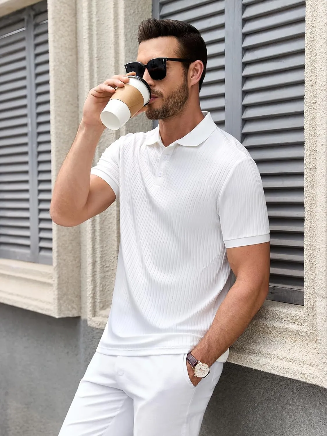 Polo Shirts for Men Short Sleeve Summer Casual Golf Shirts Collared Textured Slim Fit Button Men's Polo T Shirts