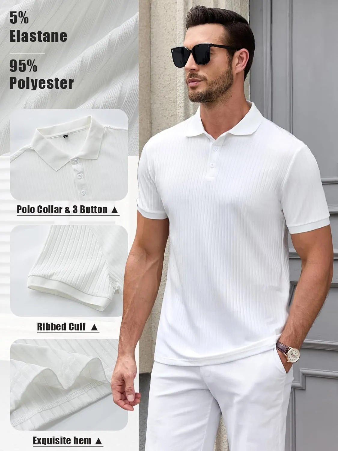 Polo Shirts for Men Short Sleeve Summer Casual Golf Shirts Collared Textured Slim Fit Button Men's Polo T Shirts