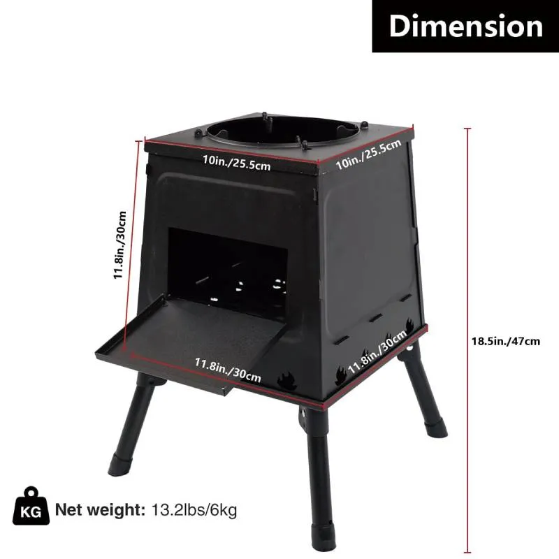 Portable Steel Camping Stove, 11.8"W x 11.8"D x 18.5"H, Folding Camping Wood Stove