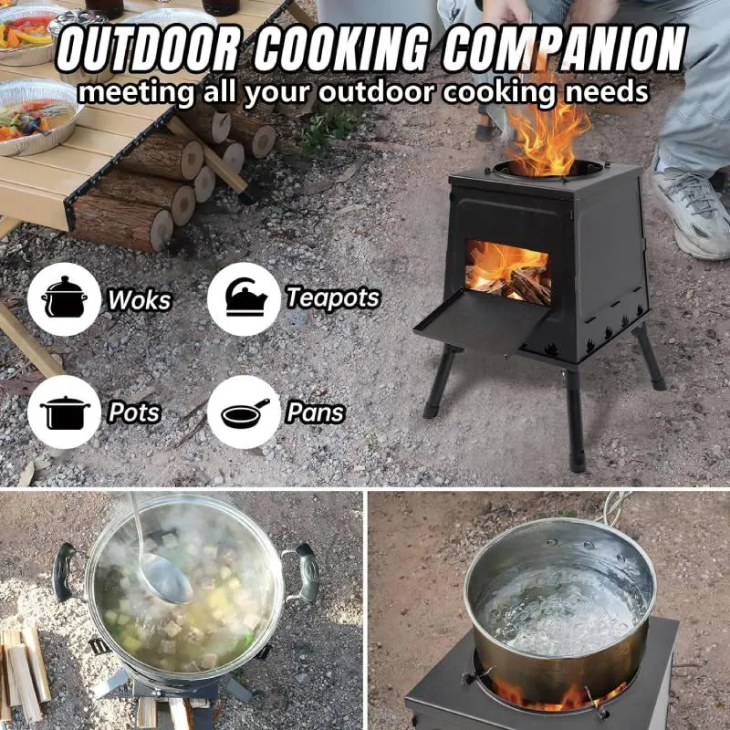 Portable Steel Camping Stove, 11.8"W x 11.8"D x 18.5"H, Folding Camping Wood Stove