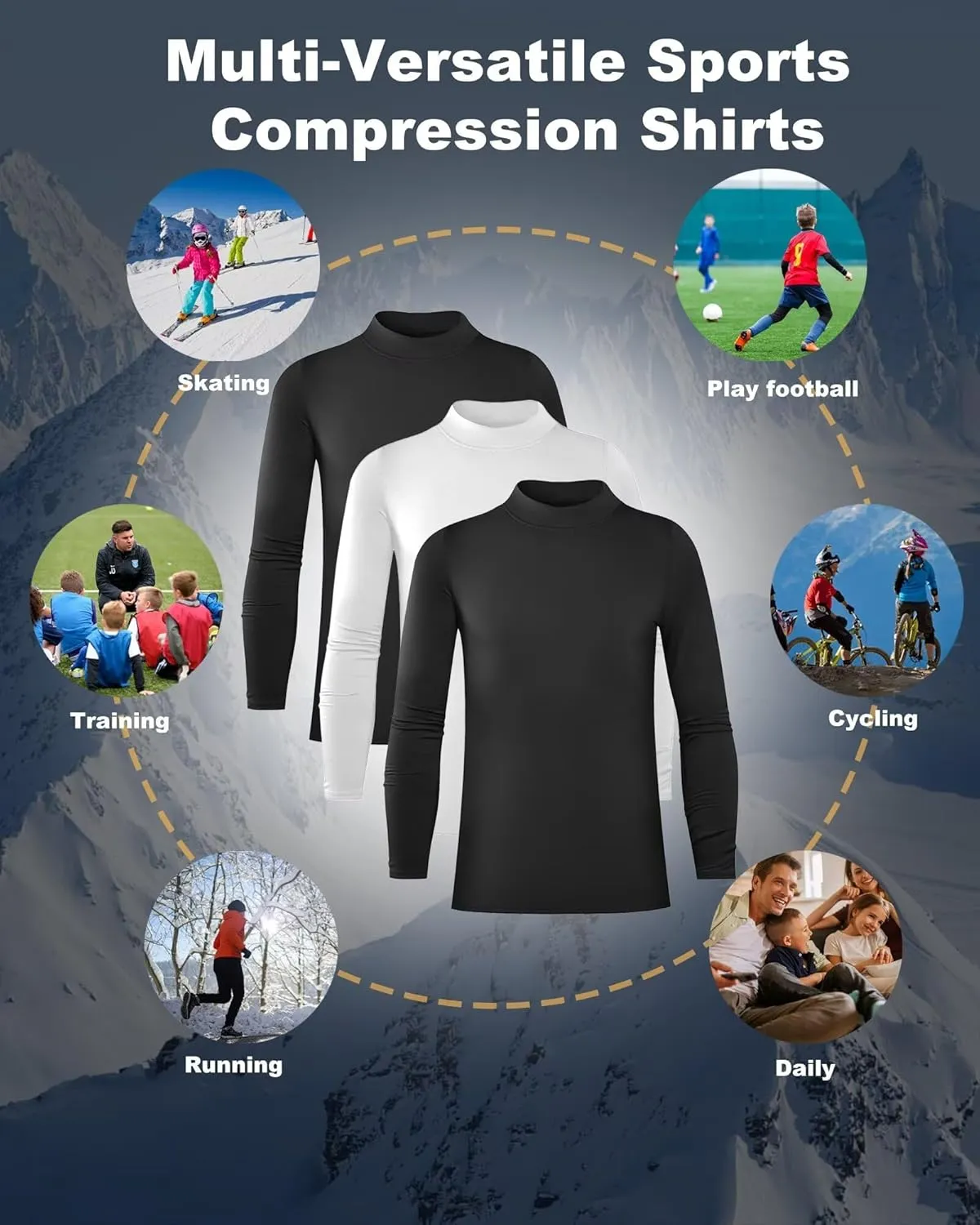 Rolimaka 3 Pack Youth Boys Compression Thermal Shirt Long Sleeve Fleece Undershirt Football Baseball Soccer Base Layer Top