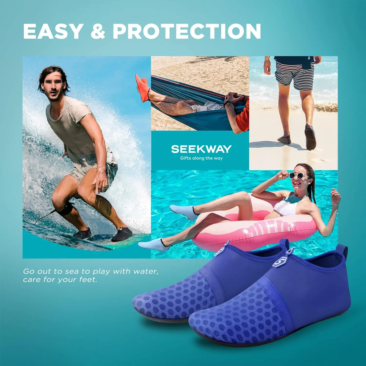 SEEKWAY Water Shoes Quick-Dry Aqua Socks Barefoot Slip-on for Beach Pool Swim River Yoga Lake Surf Women Men Black SK001