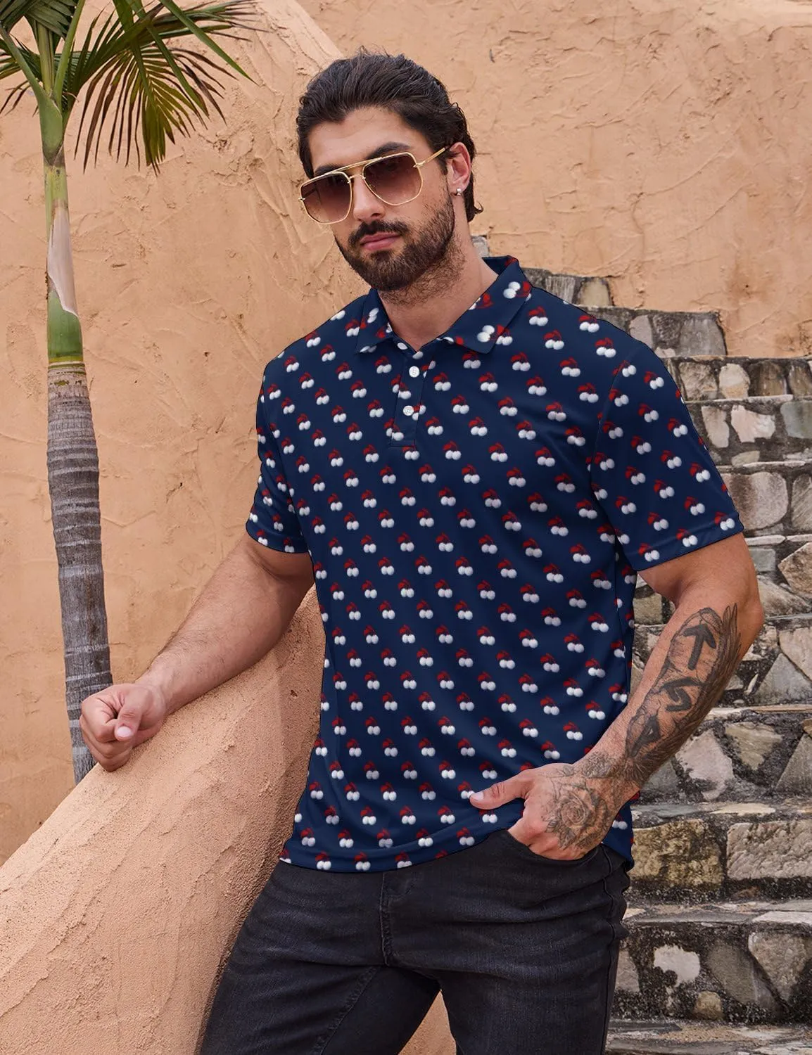 SKYNORA Golf Shirts for Men, Polo Shirts Short Sleeve Moisture Wicking Quick Dry Performance Print Golf Polo Shirts for Men