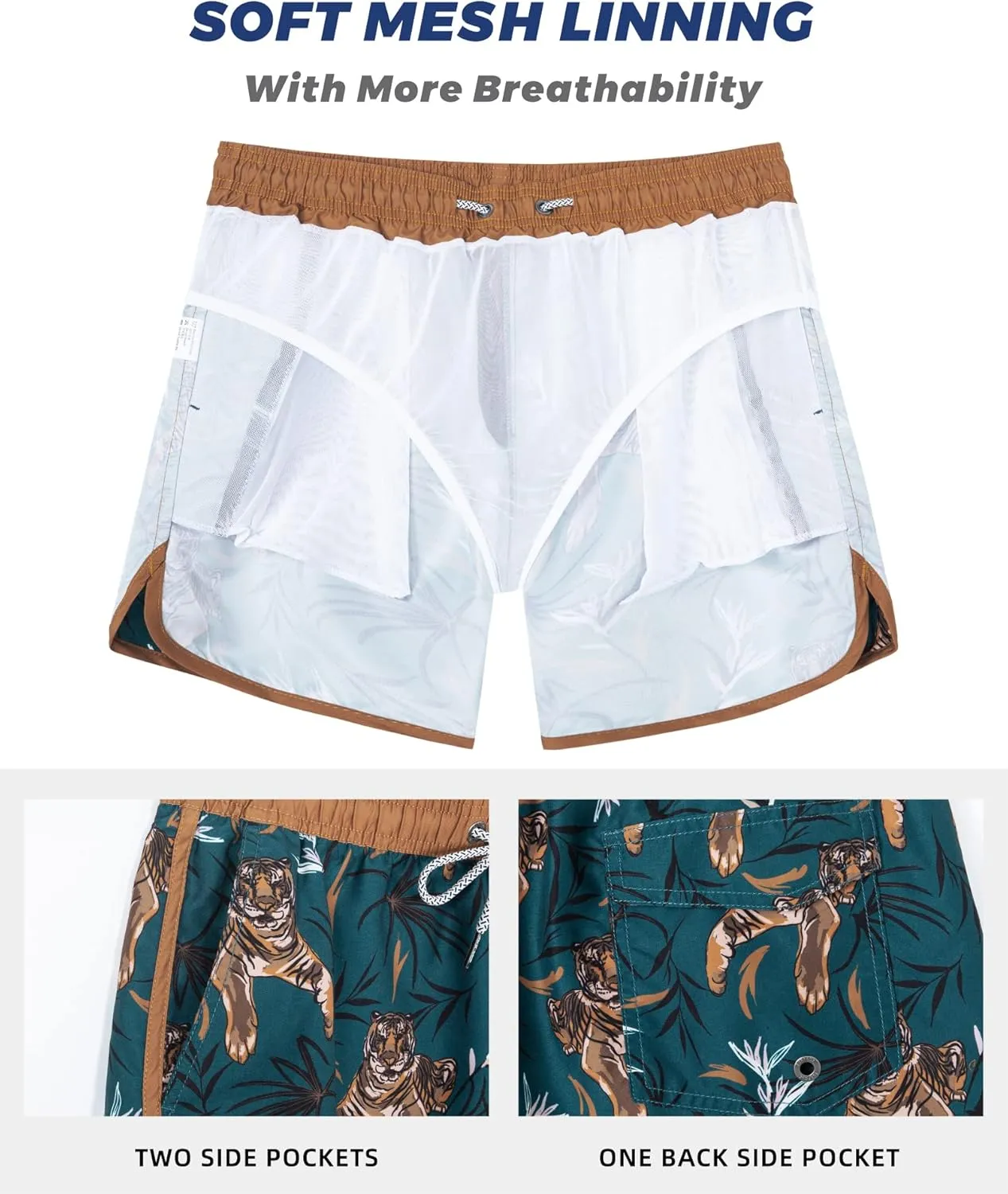 SURF CUZ Mens Swim Trunks 5" Swim Shorts Vintage Bathing Suits with Mesh Lining 80s 90s Retro Swimwear Board Shorts