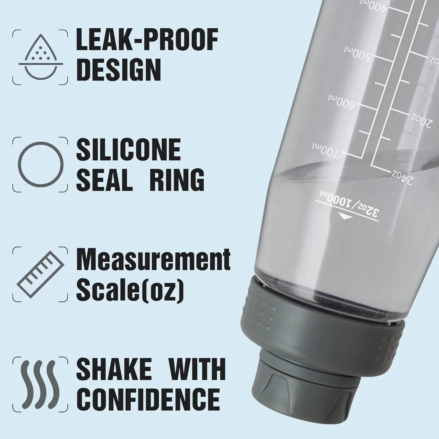 Water Bottle 32oz, clear water bottle with Chug Lid and Carry Handle, Reusable, Tritan, BPA Free, Hiking Water Bottle Suitable for Travel, Outdoors, Gym, Travel, Home, School (Gray)