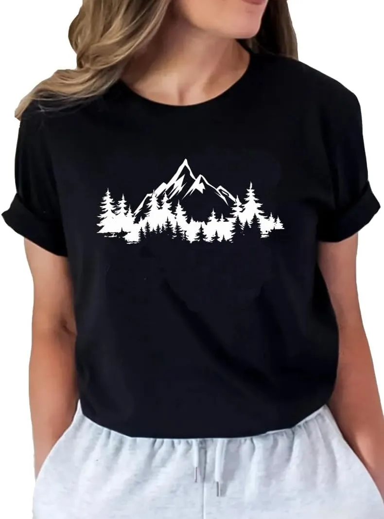 Womens Funny Heart Mountain Camping Tree Graphic Tee Forest Print T-Shirt Casual Hike Short Sleeve