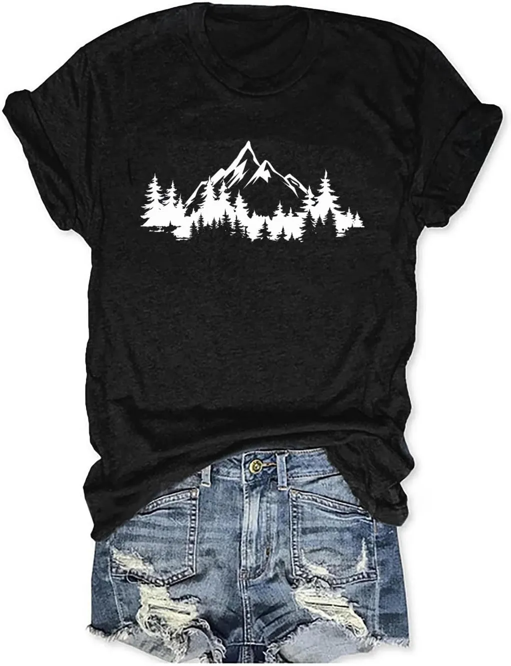 Womens Funny Heart Mountain Camping Tree Graphic Tee Forest Print T-Shirt Casual Hike Short Sleeve