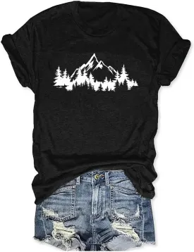 Womens Funny Heart Mountain Camping Tree Graphic Tee Forest Print T-Shirt Casual Hike Short Sleeve