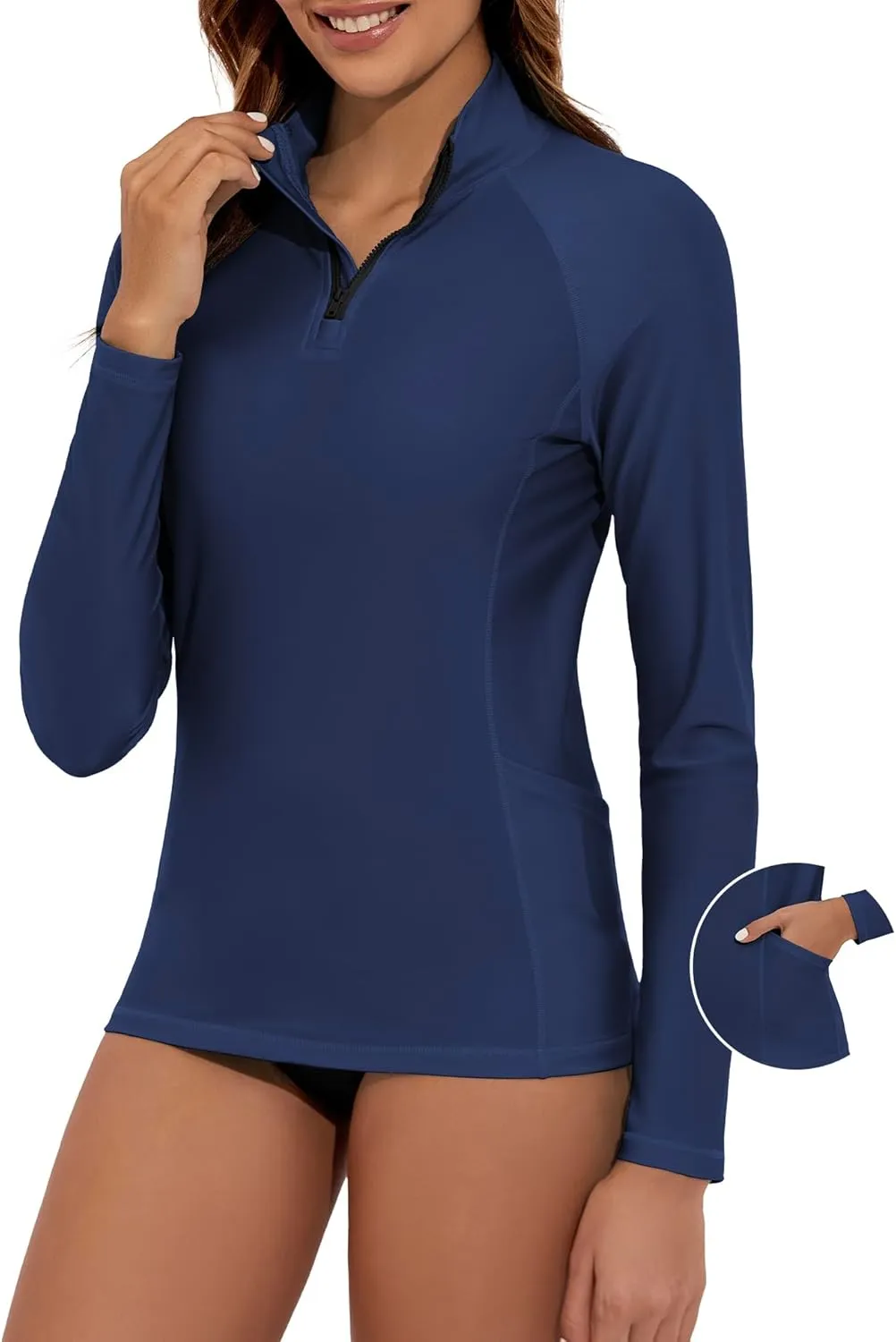 Women's Long Sleeve Swim Shirts UPF 50  Rash Guard 1/4 Zip Rashguard Workout Tops with Pockets