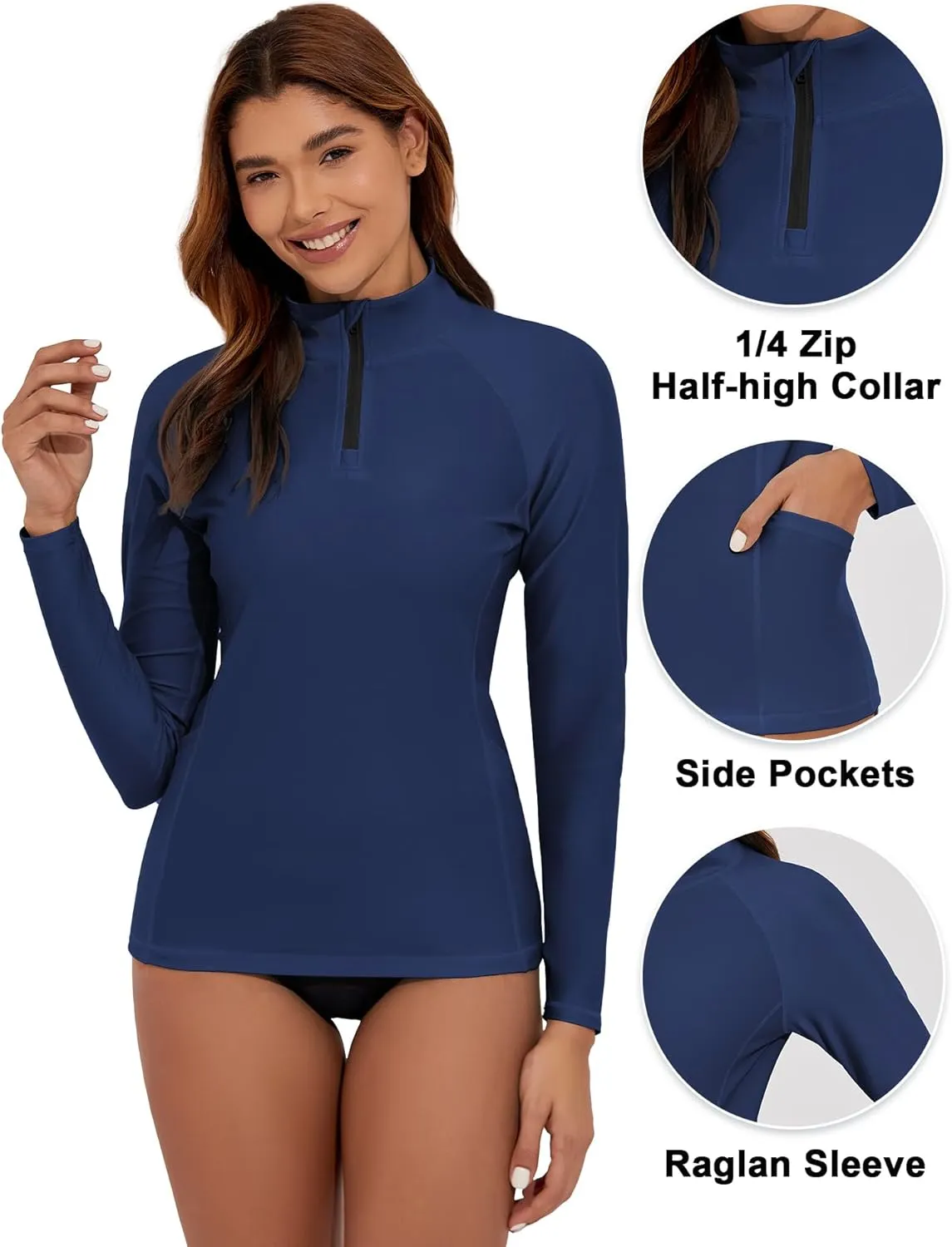 Women's Long Sleeve Swim Shirts UPF 50  Rash Guard 1/4 Zip Rashguard Workout Tops with Pockets