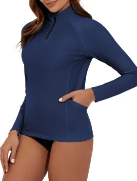 Women's Long Sleeve Swim Shirts UPF 50  Rash Guard 1/4 Zip Rashguard Workout Tops with Pockets