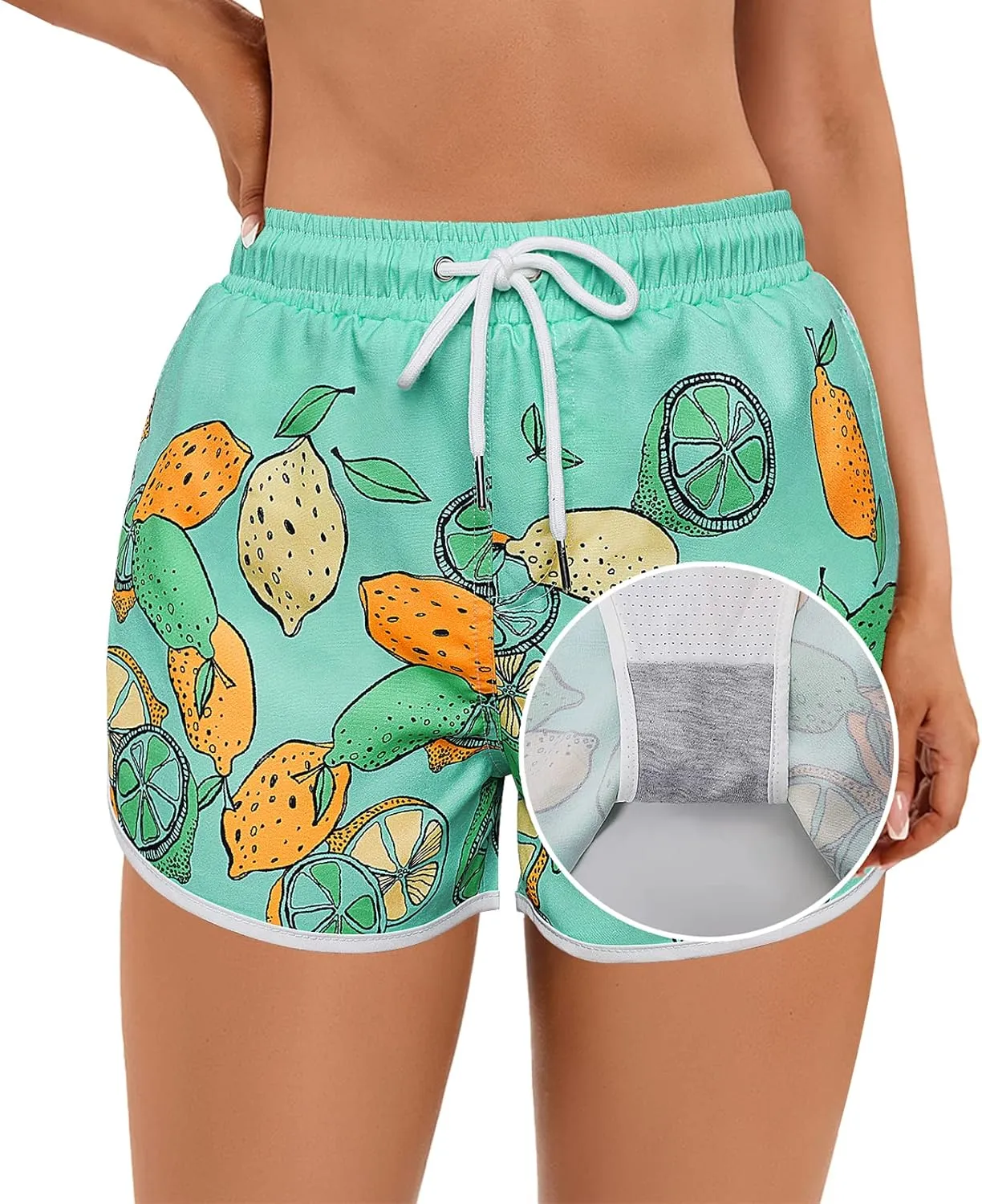 Women's Swim Shorts with Liner Summer Floral Board Shorts with Pockets Drawstring Swimwear Casual Beach Bottoms