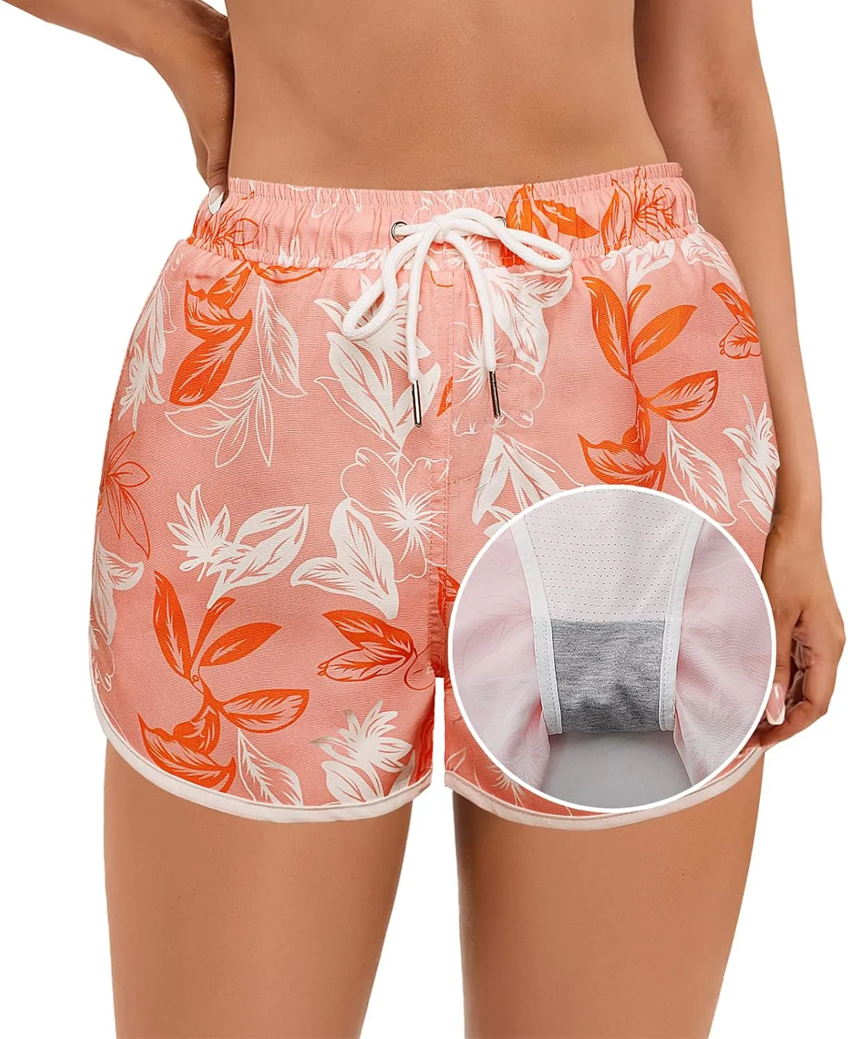 Women's Swim Shorts with Liner Summer Floral Board Shorts with Pockets Drawstring Swimwear Casual Beach Bottoms
