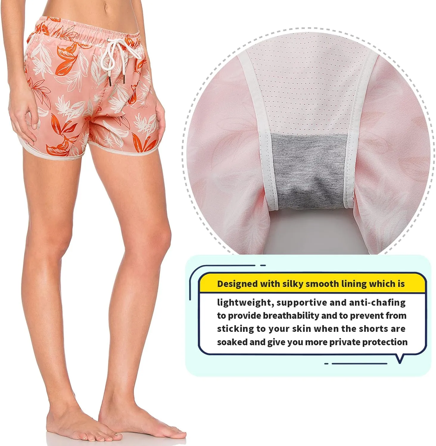 Women's Swim Shorts with Liner Summer Floral Board Shorts with Pockets Drawstring Swimwear Casual Beach Bottoms